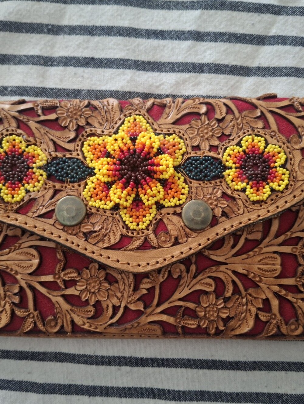 Handcrafted Brown Leather Wallet with Red Inlay and Yellow Beaded Floral Accents